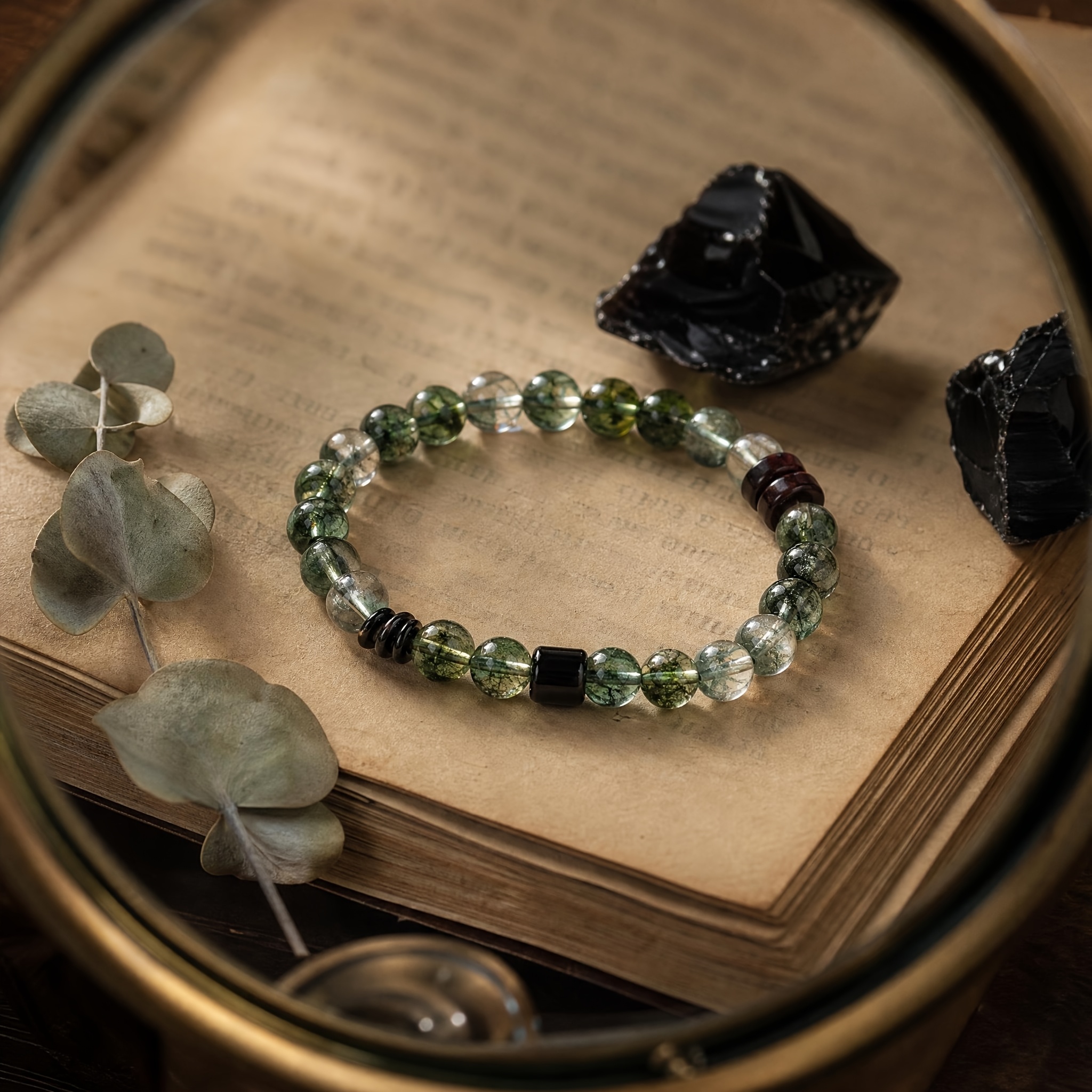Natural Green Phantom Crystal Bead Bracelet, Adjustable